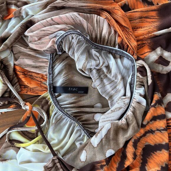 Y2K Trac USA Orange Multi Print V Neck Dress Ruched Stretchy Tie Back Size Small - Picture 4 of 6